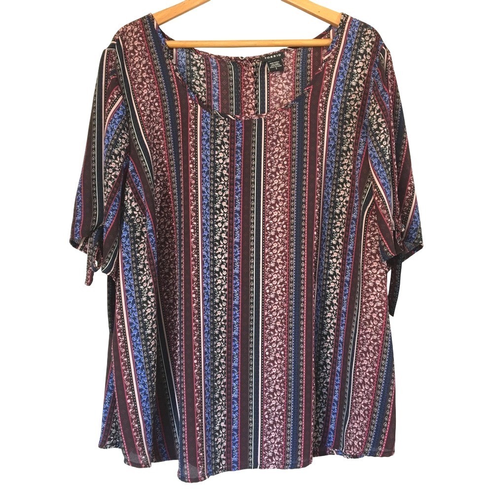 Torrid Striped Floral‎ Tie Sleeve Button Back Blouse Size 3 Multicolor